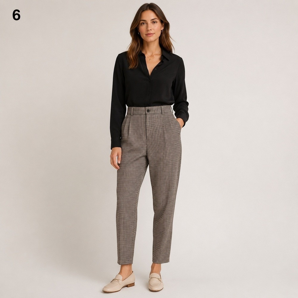 H&M Pants Women Large Slim Fit Brown Cream Plaid Polyester Elastic Waist Pockets